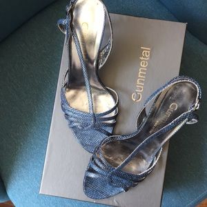 Gunmetal blue with metallic lizard print sandals